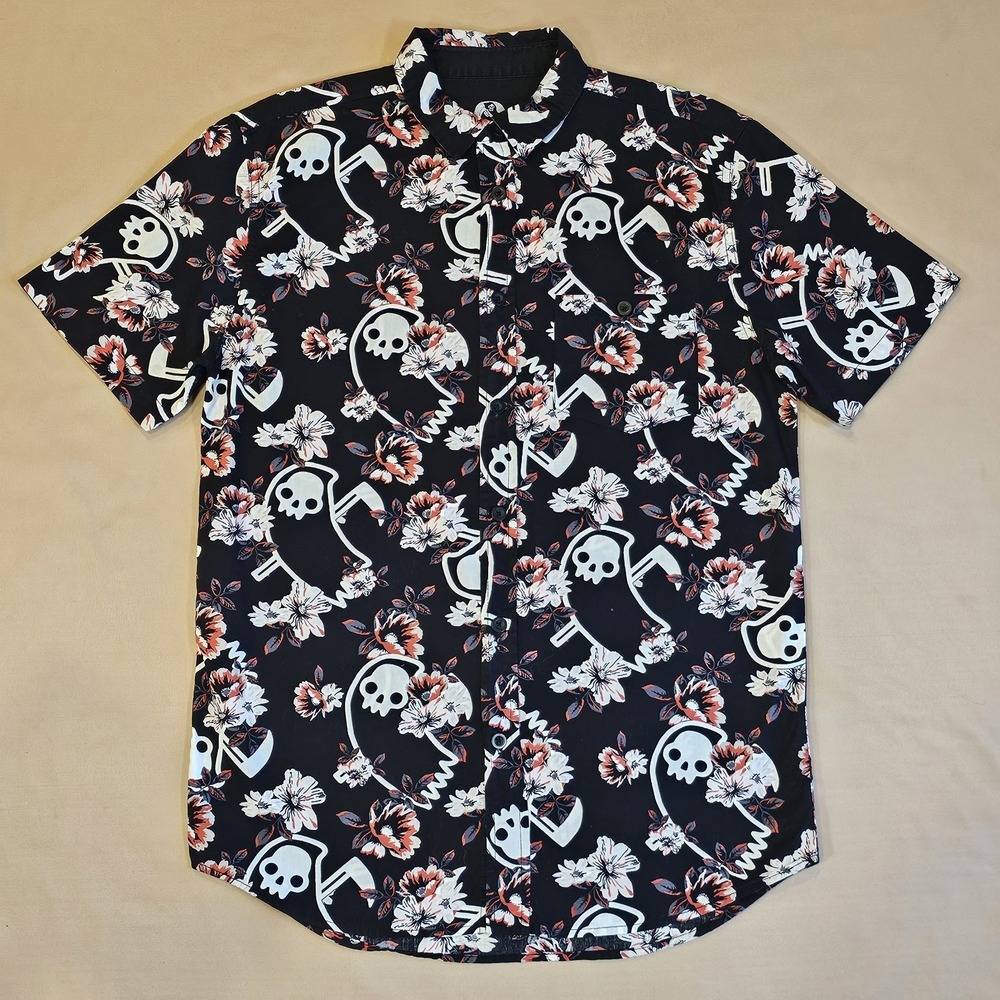 THREADLESS‎ OBRN SUN BUTTON UP SHORT SLEEVE SKULL SHIRT Grim Reaper SIZE Medium